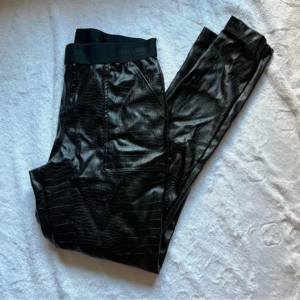 Karl Lagerfeld Paris Women Faux Leather Snake Print Legging Pants Black XS NEW